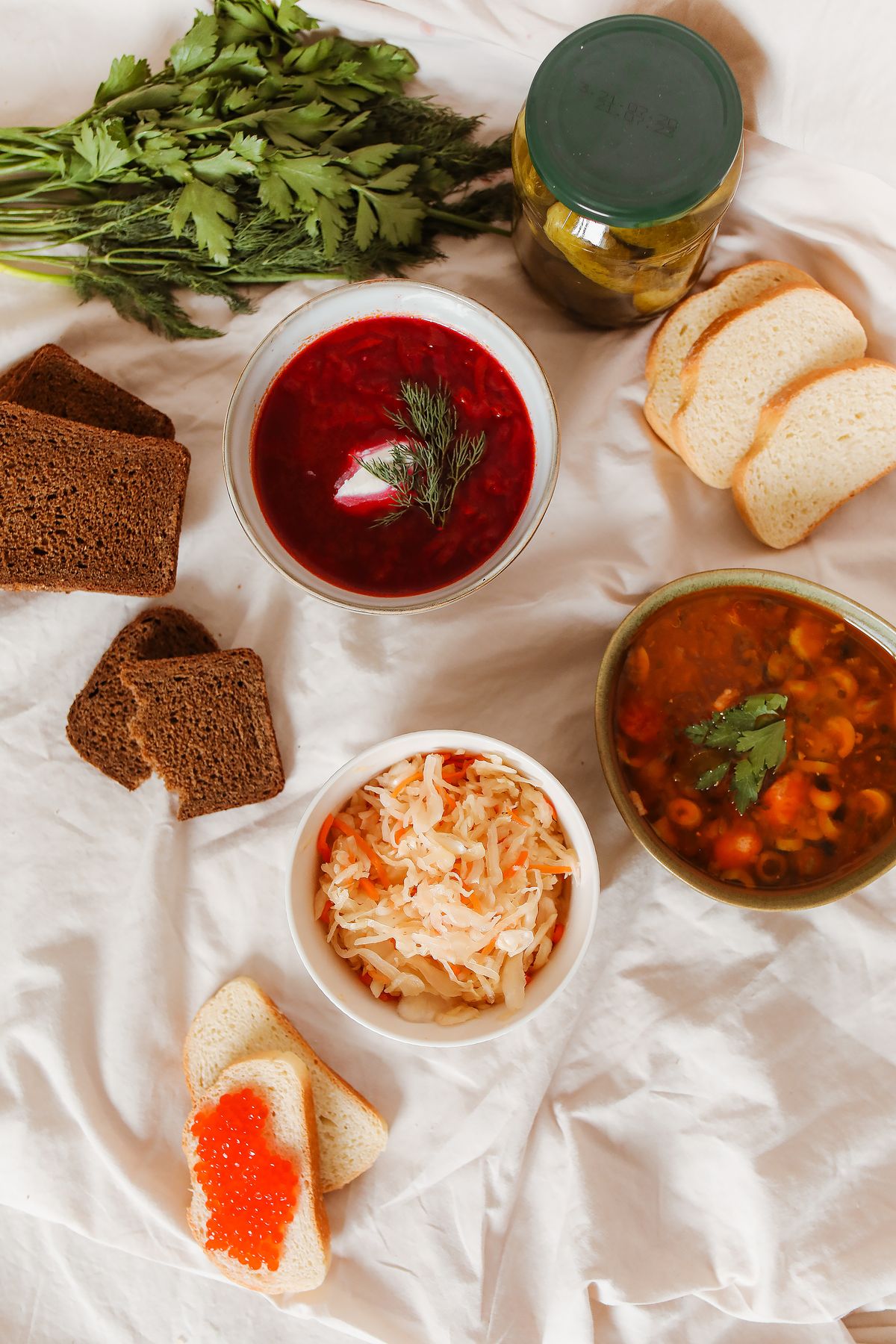Borscht, bread and pickles spread